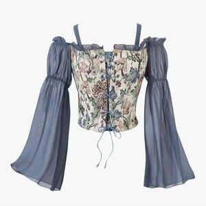 The Pyraand Collection Women’s Corset Blouse M Lace Up Sheer Bell Sleeves